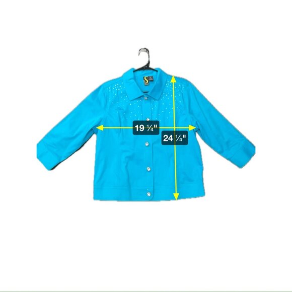 Sportelle Turquoise Studded Jacket Rhinestone Buttons 3/4 Sleeves Sz Large - Picture 6 of 8
